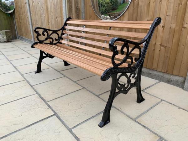 Cast Iron Oak Garden Bench 3 Seater For Sale In Southampton