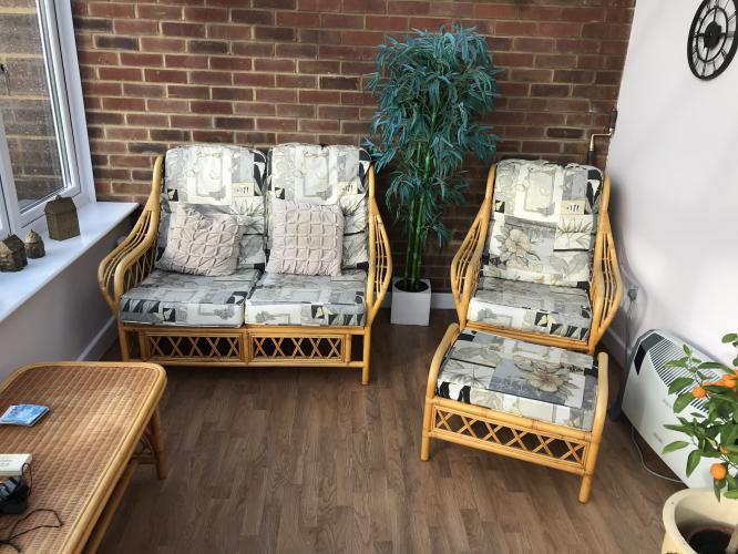 Matching set of cane /floral conservatory furniture For Sale in Reading