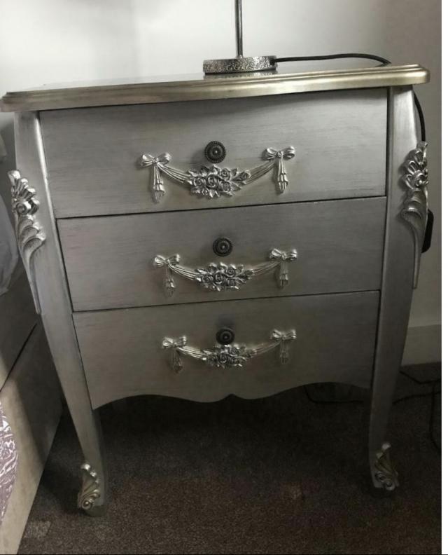 2 Dunelm Toulouse pewter silver shabby chic bedside tables For Sale in