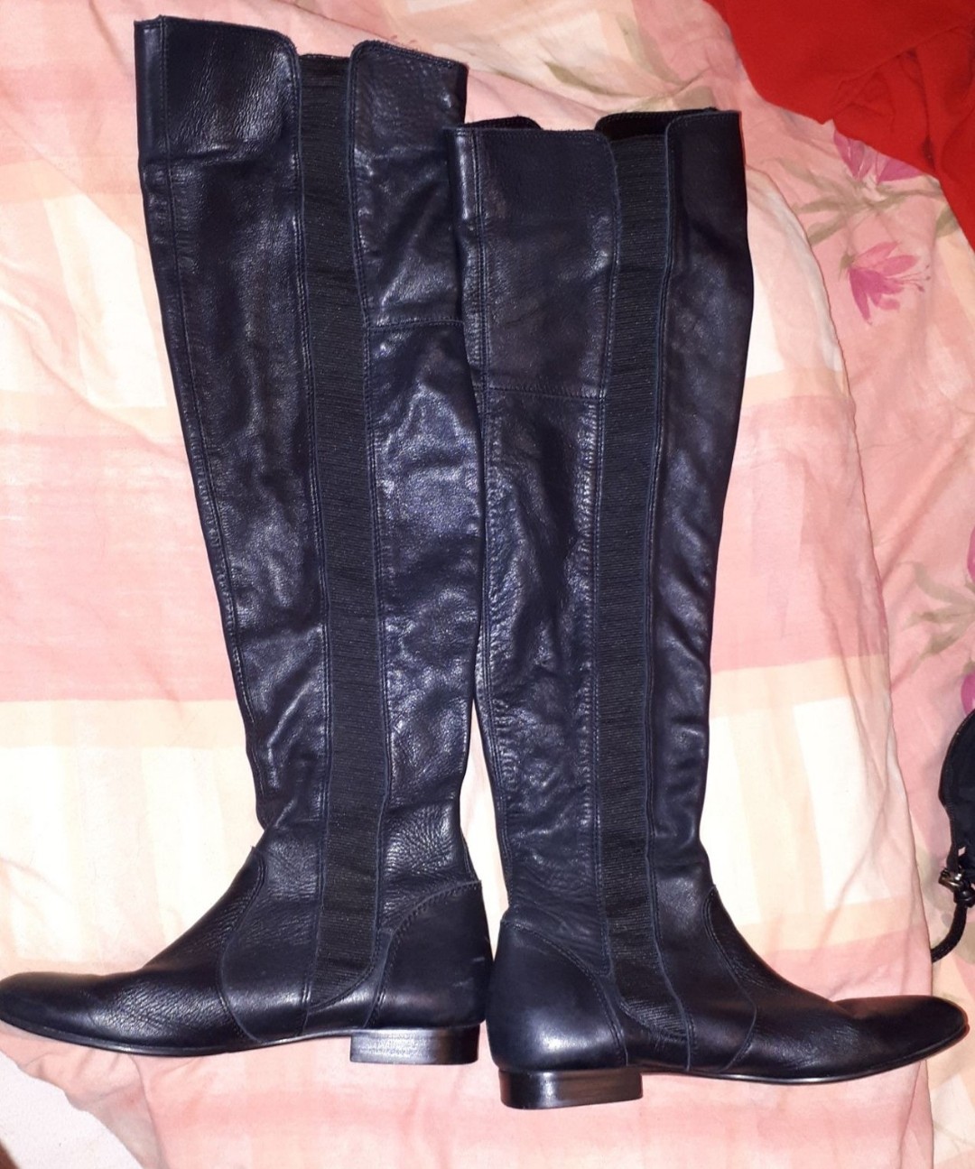 black leather knee high low heel boots