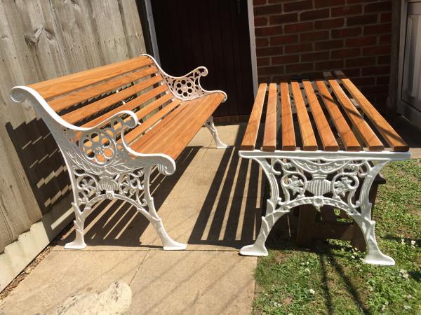 Cast Iron Garden Patio Bench Coffee Table Set With Oak For Sale